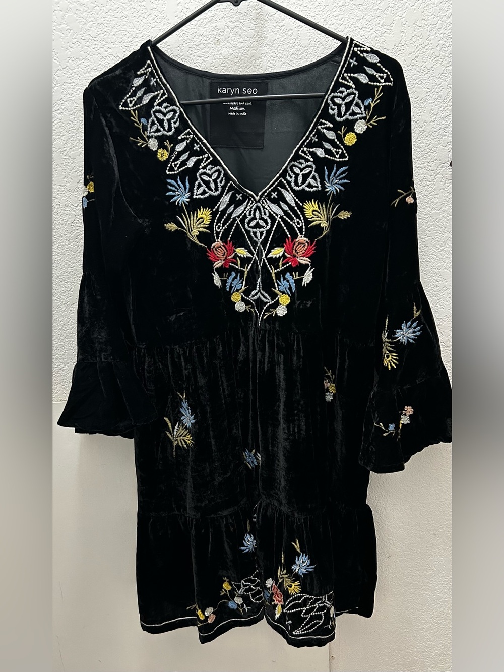 Karyn Seo Frida Embroidered Black Velvet Boho Dress Medium NWT